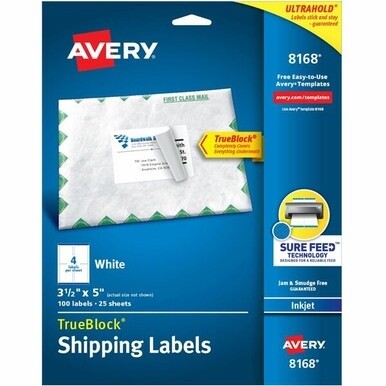 Avery&amp;reg; TrueBlock&amp;reg; Shipping Labels, Sure Feed&amp;reg; Technology, Permanent Adhesive, 3-1/2&quot; x 5&quot; , 100 Labels (8168) - Avery&amp;reg; Shipping Labels, Sure Feed, 3-1/2&quot; x 5&quot; , 100 Labels (8168)
