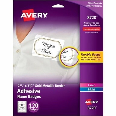 Avery&amp;reg; Self-Adhesive Removable Name Tag Labels with Gold Metallic Border - 120 / Pack - 2.33&quot; Holding Width x 3.38&quot; Holding Height - Rectangular Shape - Flexible, Self-adhesive, Removable, Printab