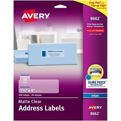 Avery&amp;reg; Easy Peel Inkjet Printer Mailing Labels - 1 21/64&quot; Width x 4&quot; Length - Permanent Adhesive - Rectangle - Inkjet - Clear - Film - 14 / Sheet - 25 Total Sheets - 350 Total Label(s) - 5