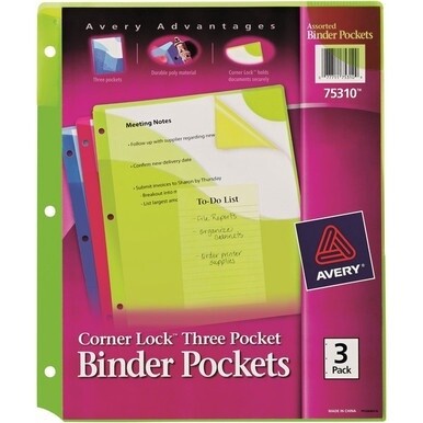 Avery&amp;reg; Corner Lock Binder Pockets - 20 x Page Capacity - For Letter 8 1/2&quot; x 11&quot; Sheet - 3 x Holes - Ring Binder - Rectangular - Blue, Green, Pink - Polypropylene - 3 / Pack