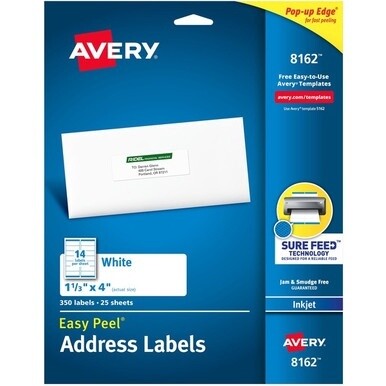 Avery&amp;reg; Easy Peel White Inkjet Mailing Labels - 1 21/64&quot; Width x 4&quot; Length - Permanent Adhesive - Rectangle - Inkjet - White - Paper - 14 / Sheet - 25 Total Sheets - 350 Total Label(s) - 5