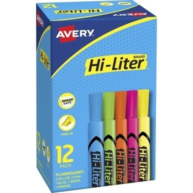 Avery&amp;reg; Hi-Liter Desk-Style Highlighters - Chisel Marker Point Style - Fluorescent Yellow, Fluorescent Blue, Fluorescent Green, Fluorescent Orange, Fluorescent Pink Water Based Ink - Plastic Tip - 