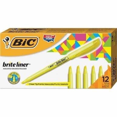 BIC Brite Liner Highlighters - Chisel Marker Point Style - Fluorescent Yellow Water Based Ink - 1 Dozen