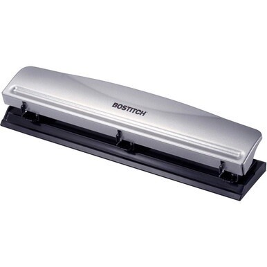Bostitch 3-hole Punch - 3 Punch Head(s) - 12 Sheet - 9/32&quot; Punch Size - Steel, Rubber - 2.5&quot; x 10.6&quot; x 1.7&quot; - Silver, Black