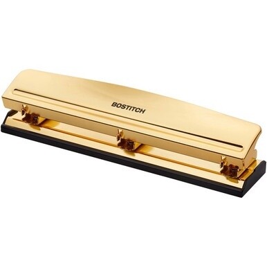 Bostitch 3-hole Punch - 3 Punch Head(s) - 12 Sheet - 9/32&quot; Punch Size - Metal, Rubber - 2.5&quot; x 10.6&quot; - Yellow, Gold