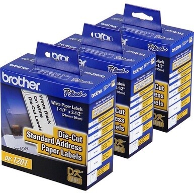 Brother Standard Address Paper Labels - 3 9/64&quot; Width x 1 9/64&quot; Length - Direct Thermal - White - Paper - 400 / Roll - 1200 / Box - Die-cut