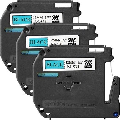 Brother P-touch Nonlaminated M Series Tape Cartridge - 1/2&quot; Width x 26 1/5 ft Length - Rectangle - Blue, Black - 3 / Bundle - Non-laminated, Self-adhesive