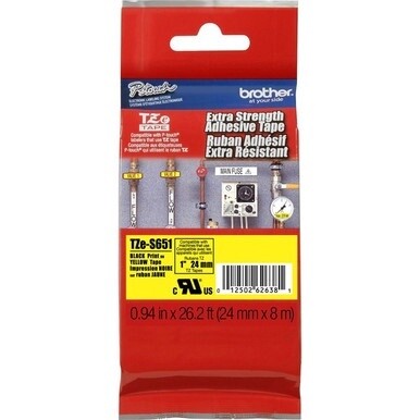 Brother P-Touch TZe Extra Strength Adhesive Tape - 15/16&quot; Width - Thermal Transfer - Black, Yellow - Polyethylene - 1 Each - Water Resistant - Temperature Resistant, Chemical Resistant, Abrasion Resis