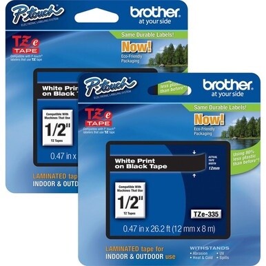 Brother P-touch TZe Laminated Tape Cartridges - 15/32&quot; Width - Rectangle - Black - 2 / Bundle - Water Resistant