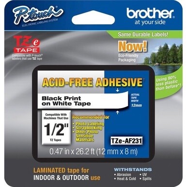 Brother Adhesive Acid-free TZ Tape - 15/32" Width x 26 1/4 ft Length - Thermal Transfer - White - 1 Each - Water Resistant - Abrasion Resistant, Chemical Resistant, Fade Resistant, Temperature Resista