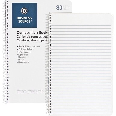 Business Source College Ruled Composition Books - 80 Sheets - Wire Bound - 16 lb Basis Weight - 6&quot; x 9 1/2&quot; - White Paper - Stiff-back - 1 Each