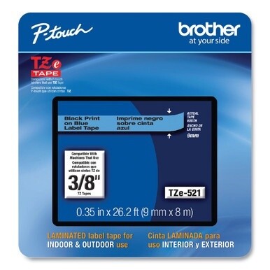 TZe Laminated Removable Label Tapes, 0.35&quot; x 26.2 ft, Black on Blue