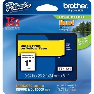 Brother P-Touch TZe Laminated Tape - 1&quot; Width x 26 1/5 ft Length - Rectangle - Thermal Transfer - Yellow - 1 Each - Water Resistant - Grease Resistant, Grime Resistant, Temperature Resistant, Adhesive