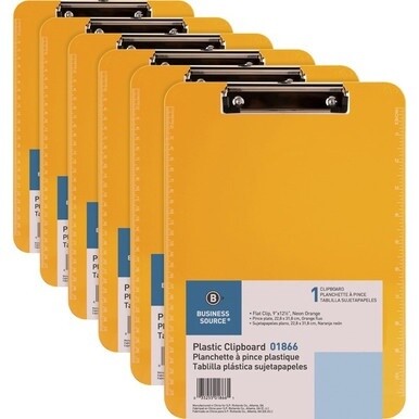 Business Source Flat Clip Clipboard - 9&quot; x 12&quot; - Plastic - Neon Orange - 6 / Bundle