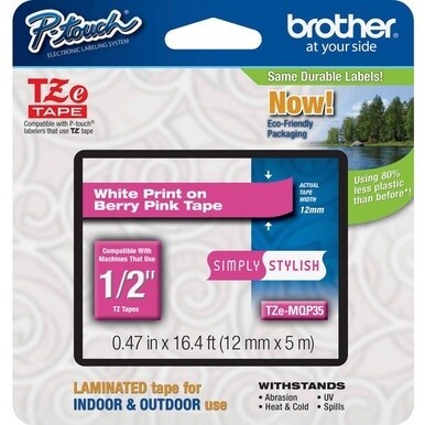 Brother P-Touch TZe Laminated Tape - 15/32&quot; Width x 16 13/32 ft Length - Direct Thermal, Thermal Transfer - Berry Pink - 1 Each - Water Resistant - Abrasion Resistant, Chemical Resistant, Fade Resista