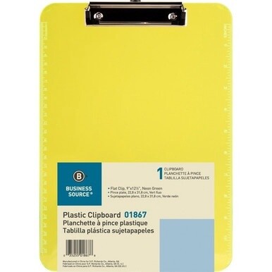 Business Source Flat Clip Clipboard - 9&quot; x 12&quot; - Plastic - Neon Green - 1 Each