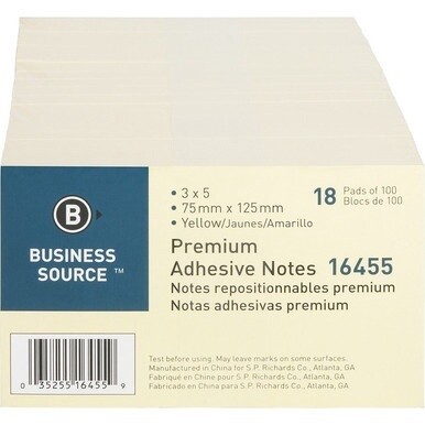 Business Source Repositionable Notes - 3" x 5" - Rectangle - Yellow - Repositionable, Solvent-free Adhesive - 18 / Pack