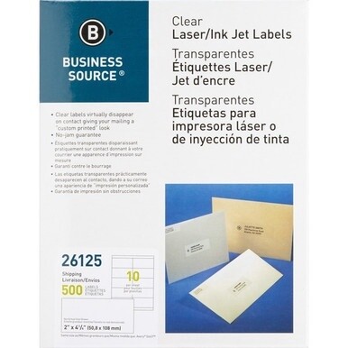 Business Source Clear Shipping Labels - 2&quot; Width x 4 1/4&quot; Length - Permanent Adhesive - Rectangle - Laser - Clear - 10 / Sheet - 500 / Pack - Self-adhesive