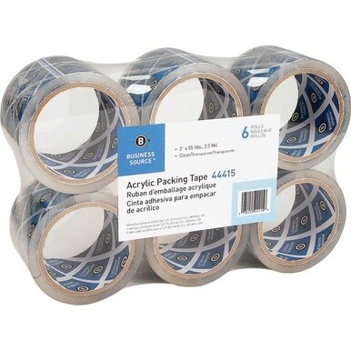 Business Source Acrylic Packing Tape - 55 yd Length x 3&quot; Width - 2.5 mil Thickness - 3&quot; Core - Pressure-sensitive Poly - Acrylic Backing - For Mailing, Shipping, Storing - 6 / Pack - Clear