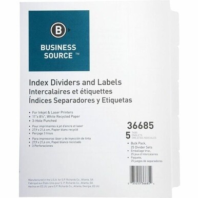 Business Source Punched Laser Index Dividers - 5 Blank Tab(s) - 8.5" Divider Width x 11" Divider Length - Letter - 3 Hole Punched - White Paper Divider - White Tab(s) - Recycled - Mylar Reinforcement,