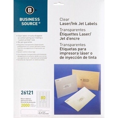 Business Source Clear Return Address Laser Labels - 1/2&quot; Height x 1 3/4&quot; Width - Permanent Adhesive - Rectangle - Laser - Clear - 80 / Sheet - 2000 / Pack - Self-adhesive