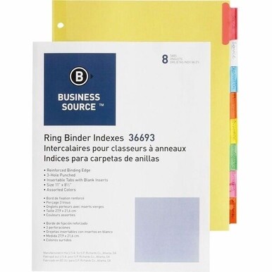 Business Source Insertable Tab Ring Binder Indexes - 8 Blank Tab(s)1.50&quot; Tab Width - 8.5&quot; Divider Width x 11&quot; Divider Length - Letter - 3 Hole Punched - Multicolor Tab(s) - Tear Resistant, Punched, In