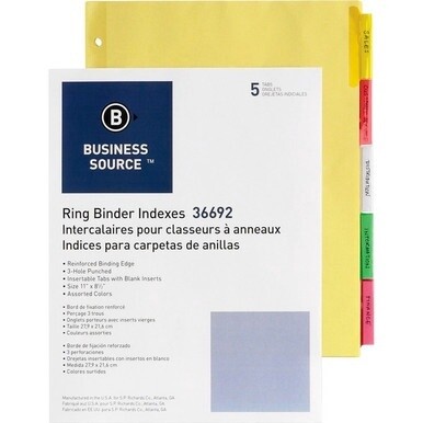 Business Source Insertable Tab Ring Binder Indexes - 5 Blank Tab(s)2&quot; Tab Width - 8.5&quot; Divider Width x 11&quot; Divider Length - Letter - 3 Hole Punched - Multicolor Tab(s) - 50 / Box