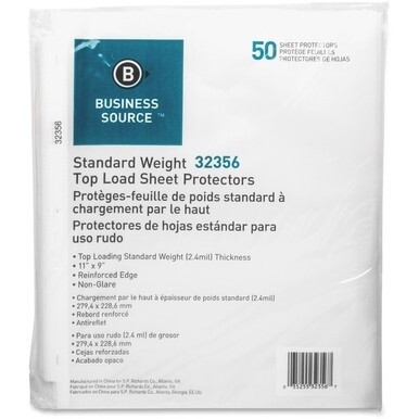 Business Source Nonglare Top-loading Sheet Protectors - 11&quot; Height x 9&quot; Width - 2.4 mil Thickness - For Letter 8 1/2&quot; x 11&quot; Sheet - Rectangular - Clear - Polypropylene - 50 / Pack