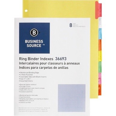 Business Source Insertable Tab Ring Binder Indexes - 8 Blank Tab(s)1.50" Tab Width - 8.5" Divider Width x 11" Divider Length - Letter - 3 Hole Punched - Multicolor Tab(s) - 50 / Box