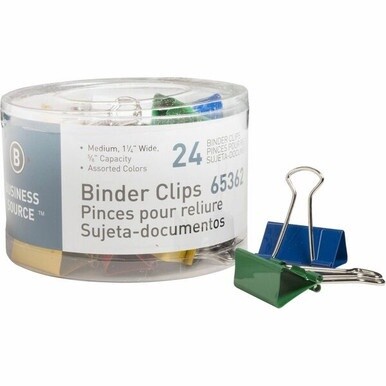 Business Source Colored Fold-back Binder Clips - Medium - 1.3&quot; Width - 0.63&quot; Size Capacity - 24 / Pack - Assorted - Steel
