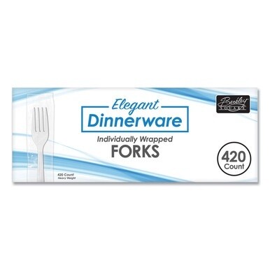 Elegant Dinnerware Heavyweight Cutlery, Individually Wrapped, Fork, White, 420/Box