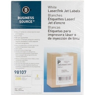 Business Source Bright White Premium-quality Internet Shipping Labels - 5 1/2&quot; Width x 8 1/2&quot; Length - Permanent Adhesive - Rectangle - Laser, Inkjet - Bright White - 2 / Sheet - 250 Total Sheets - 50