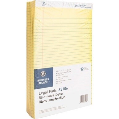 Business Source Legal Pads - 50 Sheets - 0.34&quot; Ruled - 16 lb Basis Weight - Legal - 8 1/2&quot; x 14&quot; - Canary Paper - Micro Perforated, Easy Tear, Sturdy Back - 1 Dozen