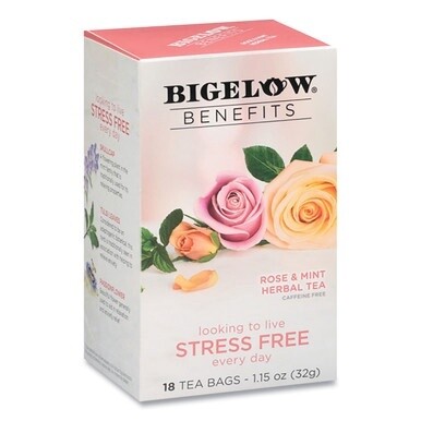 Benefits Rose &amp; Mint Herbal Tea Bags, 0.6 oz Tea Bag, 18/Box