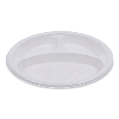 Hi-Impact Plastic Dinnerware, Plate, 3-Compartment, 10&quot; dia, White, 500/Carton
