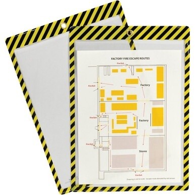C-Line Safety Striped Shop Ticket Holders - 0.1&quot; x 9.8&quot; x 13.6&quot; - Vinyl - 25 / Box - Yellow, Black