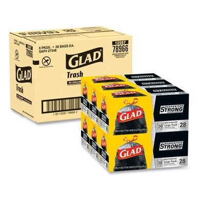 Drawstring Large Trash Bags, 30 gal, 1.05 mil, 30&quot; x 33&quot;, Black, 15 Bags/Box, 6 Boxes/Carton