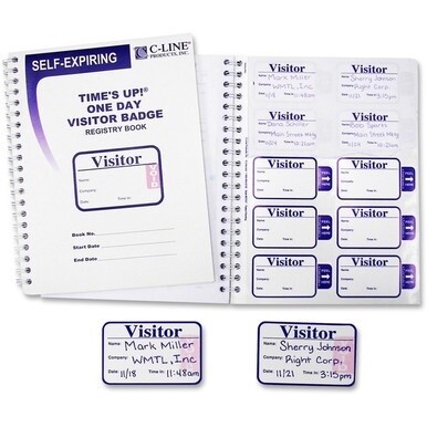 C-Line Time&#39;s Up! Self-Expiring Visitor Badges with Registry Log - One Day Badge, 3 x 2 Badge Size, 150 Badges and Log Book/BX, 97009