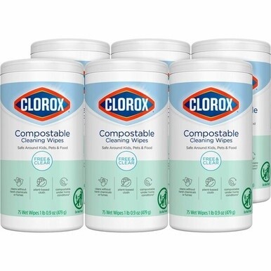 Clorox Free &amp; Clear Compostable All Purpose Cleaning Wipes - 4.25&quot; Length x 4.25&quot; Width - 75 / Tub - 6 / Carton - White
