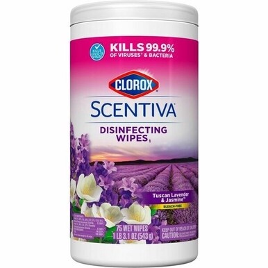 Clorox Scentiva Bleach-Free Disinfecting Wipes - Ready-To-Use Wipe - Tuscan Lavender &amp; Jasmine Scent - 70 / Tub - 1 Each - White