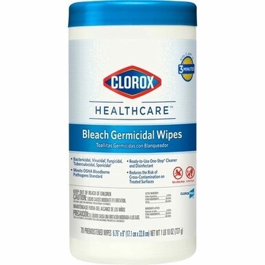 Clorox Healthcare Bleach Germicidal Wipes - Ready-To-Use - 9&quot; Length x 6.75&quot; Width - 70 / Canister - 390 / Pallet - White