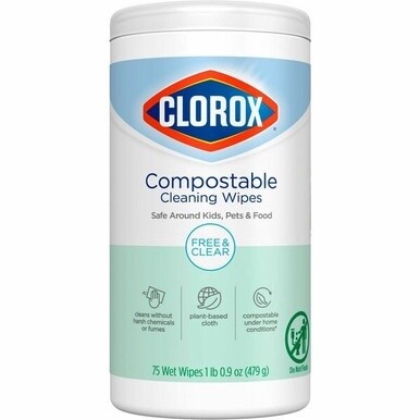 Clorox Free &amp; Clear Compostable All Purpose Cleaning Wipes - 4.25&quot; Length x 4.25&quot; Width - 75.0 / Tub - 1 Each - White