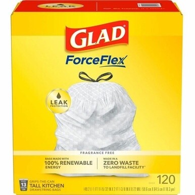 Glad ForceFlex Tall Kitchen Drawstring Trash Bags - 13 gal Capacity - 9 mil (229 Micron) Thickness - Drawstring Closure - White - Plastic - 3/Carton - 120 Per Box - Kitchen, Home, Breakroom, Day Care,