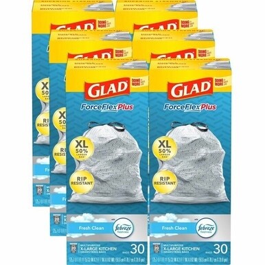 Glad ForceFlexPlus X-Large Kitchen Drawstring Bags - Fresh Clean with Febreze Freshness - Large Size - 20 gal Capacity - 24.02&quot; Width x 32.01&quot; Length - Drawstring Closure - Gray - 6/Carton - 30 Per Bo