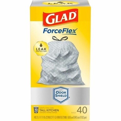 Glad ForceFlex Tall Kitchen Drawstring Trash Bags - OdorShield - 13 gal Capacity - 23.74&quot; Width x 24.88&quot; Length - 0.72 mil (18 Micron) Thickness - Drawstring Closure - Gray - 40/Box - Commercial, Home