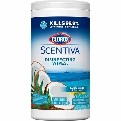 Clorox Scentiva Wipes, Bleach Free Cleaning Wipes - Ready-To-Use - Pacific Breeze &amp; Coconut Scent - 75 / Canister - 1 Each - White