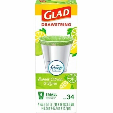 Glad Small Kitchen Drawstring Trash Bags - Febreze Sweet Citron &amp; Lime - 4 gal Capacity - Drawstring Closure - Green - 34/Box - Home Office, Bathroom, Kitchen, Laundry