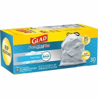 Glad ForceFlexPlus X-Large Kitchen Drawstring Bags - Fresh Clean with Febreze Freshness - Large Size - 20 gal Capacity - 24.02&quot; Width x 32.01&quot; Length - Drawstring Closure - Gray - 360/Carton - 30 Per 