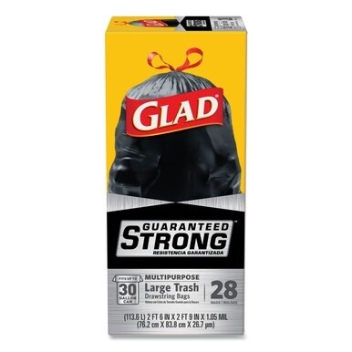 Drawstring Large Trash Bags, 30 gal, 1.05 mil, 30&quot; x 33&quot;, Black, 15/Box