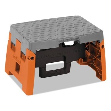 Folding Step Stool, 1-Step, 300 lb Capacity, 8.5&quot; Working Height, Orange/Gray